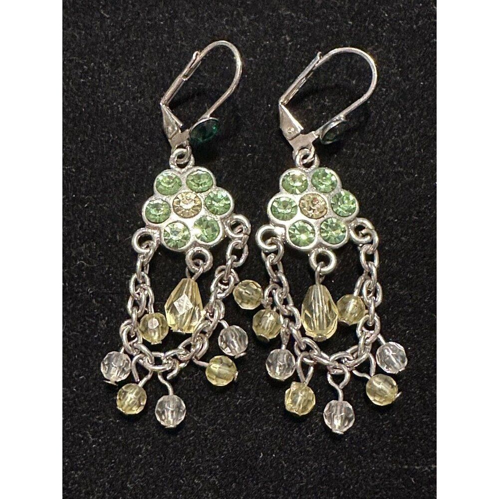 Silver Tone Green Rhinestones Sparkle Dangle Chandelier Pierced Earrings